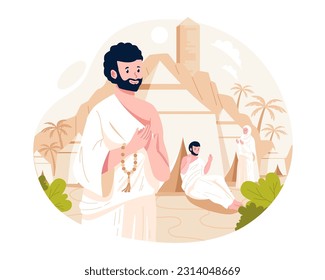 Islamic Hajj Pilgrimage. Muslim pilgrims pray and rest at the Mina tents area. One of Islam's sacred pilgrimage routes. Vector illustration in flat style