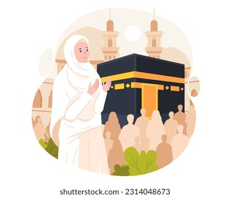 Islamic Hajj Pilgrimage. A Muslim woman wears ihram clothes with a Kaaba background. Vector illustration in flat style