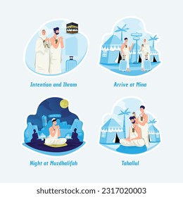Islamic hajj pilgrimage on flat design stickers set