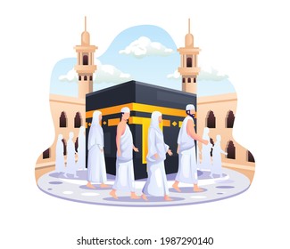 Islamic hajj pilgrimage. People are walking around the Kaaba. Flat vector illustration