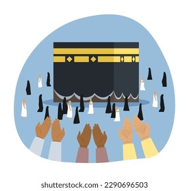 Islamic hajj pilgrimage vector illustration. People praying with raised hands at Ramadan, walking around Kaaba. Faith, religion, Islam culture, Ramadan concept