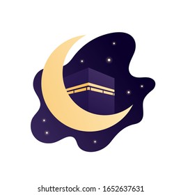 Islamic hajj piligrimage concept. Vector flat illustration. Kaaba holy site and gold crescent on night sky background. Design element for banner, poster, clip art, web, tourism guide.
