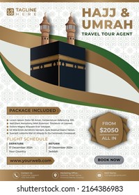 Islamic Hajj And Umrah Brochure Or Flyer Template Background Design With Mecca Illustration In 3d Realistic Design.