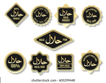 Islamic Halal Meal Gold Certified Vector Signs. Arabic Kosher Food Products Market Labels Isolated On Background