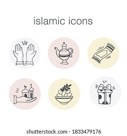 Islamic hand drawn icons on a round shape. 