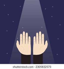 Mano islámica rezando bajo la luz en un fondo oscuro y estrellado. Ilustración vectorial. Se puede usar para ramadán, nuzul al quran, etc.
