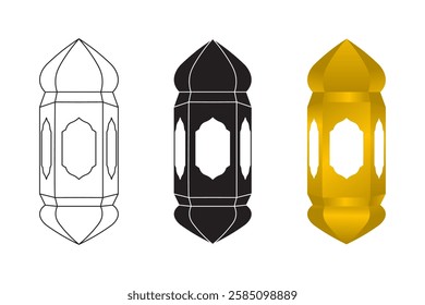 Islamic hanging lamps in outline, silhouette and 3D vector styles