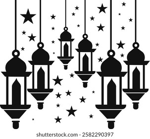 Islamic Hanging Lanterns and Crescent Moon