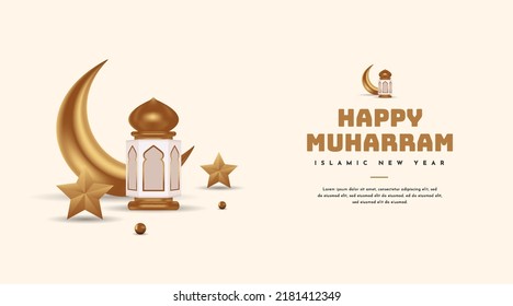 Islamic happy muharram greeting card with realistic 3d crescent moon arabic lanterns