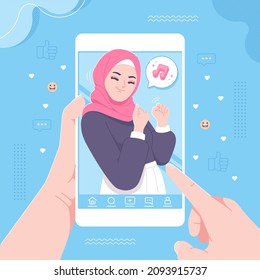 Islamic Hijab Girl Character Dancing On The Phone Illustration