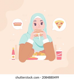 Islamic Hijab Girl Eating Junkfood Illustration