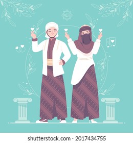islamic hijab wedding couple character illustration
