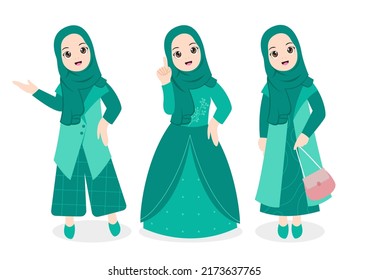 Islamic hijab woman with various poses vector illustration