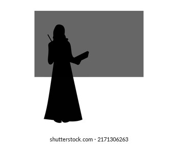 Islamic Hijabi Teacher Teaching The Class On Board Or Slides, Black Silhouette