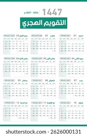 Islamic Hijri 1447. Vector yearly calendar template with the start of the week Saturday in green colors. Translation of (Hijri New Year 1447)	