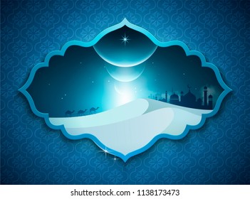 Islamic holiday background with desert scene in blue tone