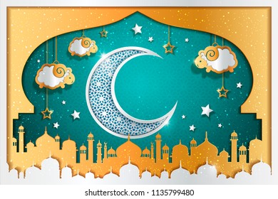 Islamic holiday background design with carved crescent and sheep hanging on the sky, mosque onion dome decorations in turquoise and golden color