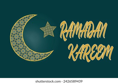 Islamic holiday banner Eid Mubarak Ramadan Kareem Dark green background Muslim design concept crescent moon Greeting card event poster Shining golden template Night view Gold star Arabic ornament