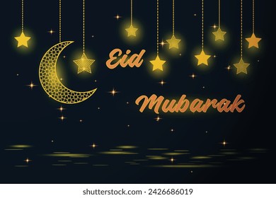 Islamic holiday banner Eid Mubarak Ramadan Kareem Dark sky background Muslim design concept crescent moon Greeting card event poster Shining golden hanging stars Arabic template Night view Gold star