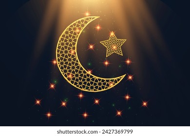 Islamic holiday banner Eid Mubarak Ramadan Kareem Dark sky background Muslim design concept crescent moon Greeting card Shining golden stars Arabic template Night view  Blur bokeh effect Illuminated