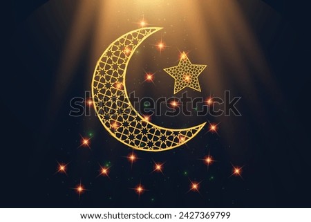 Islamic holiday banner Eid Mubarak Ramadan Kareem Dark sky background Muslim design concept crescent moon Greeting card Shining golden stars Arabic template Night view  Blur bokeh effect Illuminated