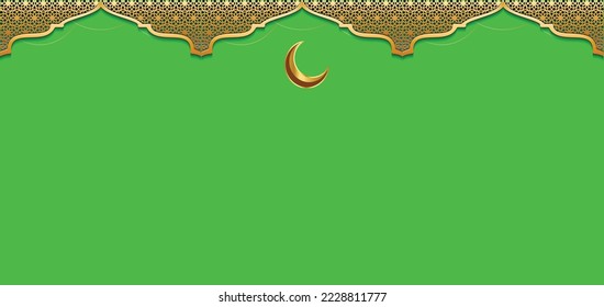 Islamic holiday banner in purple monotone design. Display layout with Ramadan lantern, metal moon and mosque portal.Background