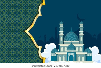 Islamic holiday banner, suitable for Ramadan, Raya Hari, Eid al Adha and Mawlid. A lit up lantern and crescent moon decor on serene evening blue background.