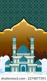 Islamischer Feiertagsbanner, geeignet für Ramadan, Raya Hari, Eid al Adha und Mawlid. Eine helle Laterne und eine zauberhafte Monddekoration auf ruhigem, abendblauem Hintergrund.