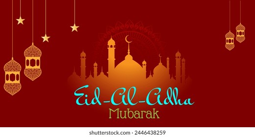  Islamic holiday banner, suitable for Ramadan, Raya Hari, Eid al Adah and Mawlid. A lit up lantern and crescent moon décor on serene evening Red background. Modern Islamic holiday banner 