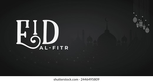 Islamic holiday banner, suitable for Ramadan, Raya Hari, Eid al Adha and Mawlid. Beautiful  and crescent moon decor on serene evening Awesome background.modern Islamic holiday banner Eid mubarak