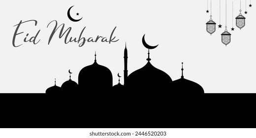 Islamic holiday banner, suitable for Ramadan, Raya Hari, Eid al Adha and Mawlid. Beautiful  and crescent moon decor on serene evening Awesome background.modern Islamic holiday banner Eid mubarak