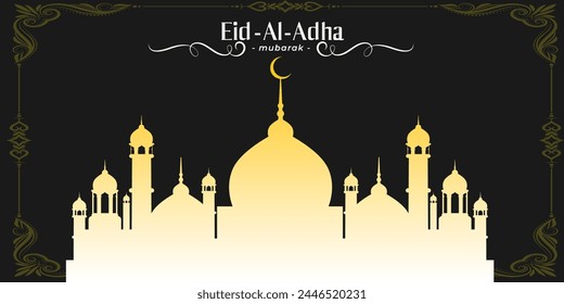 Islamic holiday banner, suitable for Ramadan, Raya Hari, Eid al Adha and Mawlid. Beautiful  and crescent moon decor on serene evening Awesome background.modern Islamic holiday banner Eid mubarak