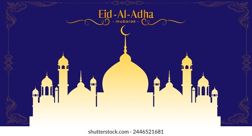 Islamic holiday banner, suitable for Ramadan, Raya Hari, Eid al Adha and Mawlid. Beautiful  and crescent moon decor on serene evening Awesome background.modern Islamic holiday banner Eid mubarak