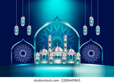 Islamic holiday celebration background designed with illustration of mosque. Background suitable for Ramadan, Eid al-Fitr or Hari Raya.