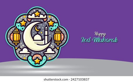 Islamic holiday celebration background designed with illustration of mosque. Background suitable for Ramadan, Eid al-Fitr or Hari Raya.