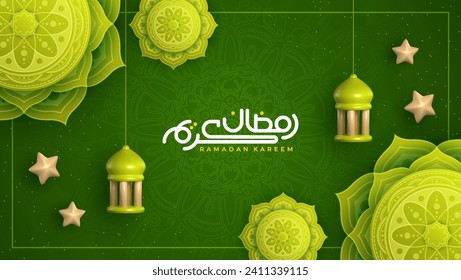 Islamic holiday celebration banner in 3D dimension, suitable for Ramadan, Hari Raya and Eid al-Adha. Calligraphy translation: Ramadan Kareem.