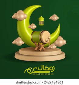 Islamic holiday celebration banner in 3D dimension, suitable for Ramadan, Hari Raya and Eid al-Adha. Calligraphy translation: Ramadan Kareem.