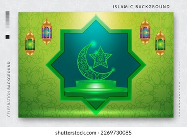 Islamic holiday celebration banner designed with crescent moon and illustration of mosque. Background suitable for Ramadan, Eid al-Fitr or Hari Raya.
