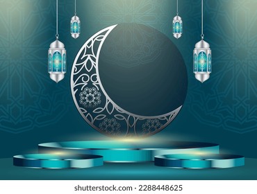 Islamic holiday celebration banner designed with crescent moon and illustration of mosque. Background suitable for Ramadan and Eid al-Fitr