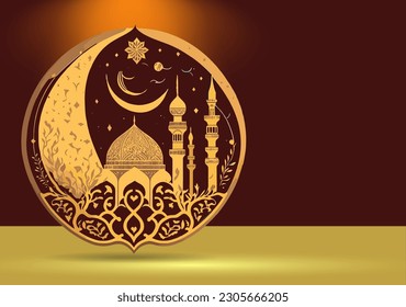 Islamic holiday celebration banner designed with crescent moon and illustration of mosque. Background suitable for Ramadan, Eid al-Fitr or Hari Raya.