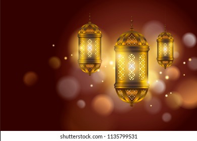 Islamic holiday design with hanging golden lanterns on bokeh background