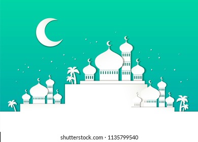 Islamic holiday design with mosque scenery in paper art style