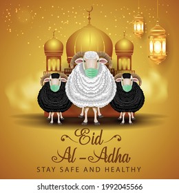 Islamic Holiday Eid Al Adha Mubarak With Sheep wearing medicalmask. Design For Islam Festival Kurban Bayram Card or Poster. corona virus covid-19 concept. vector illustration design