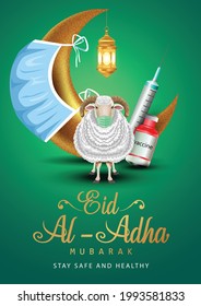 Islamic Holiday Eid Al Adha Mubarak With Sheep wearing medicalmask. Design For Islam Festival Kurban Bayram Card or Poster. corona virus covid-19 concept. vector illustration design