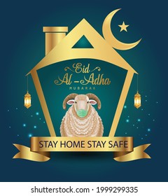 Islamic Holiday Eid Al Adha Mubarak With Sheep wearing medicalmask. Design For Islam Festival Kurban Bayram Card or Poster. corona virus covid-19 concept. vector illustration design