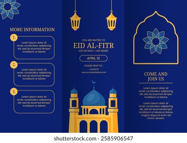 Islamic Holiday Eid Al-Fitr Social Media Brochure with Festive Cartoon Illustration