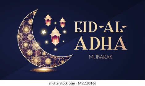 Islamic holiday elegant illustration. Eid Al Adha Invitation with shining lanterns and filigree crescent moon.