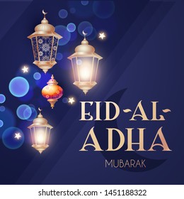 Islamic holiday elegant illustration. Eid Al Adha Invitation with shining lanterns.