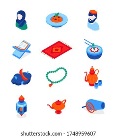 Islamic holiday - modern vector isometric icons set. Culture, religion, eastern traditions idea. Muslim man and woman, traditional meal, prayer beads and book, lamp, drum, cannon, moon, carpet objects