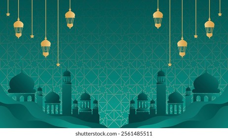 Islamic holiday poster background design with flowers and lanterns, suitable for Ramadan Kareem, Hari Raya, Eid al-Fitr and Eid al-Adha.
